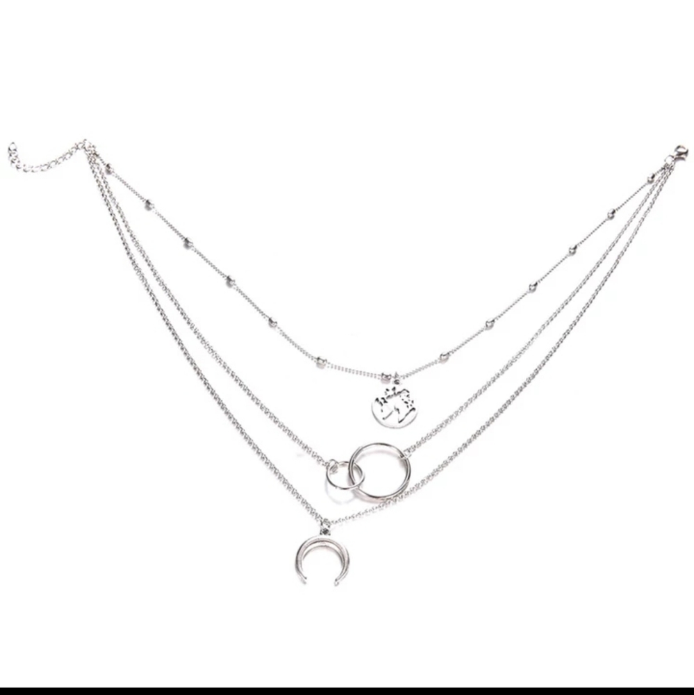 NEW Silver Boho Trendy Choker Multilayer Earth Map Circle Horn Pendant Necklace - Picture 10 of 16